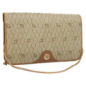 Christian Dior Honeycomb Canvas Chain Shoulder Bag PVC Beige Gold Auth ti3242